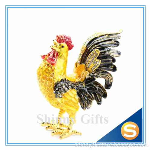 Metal Pewter Rooster Shape Jeweled Enamel Trinket Box